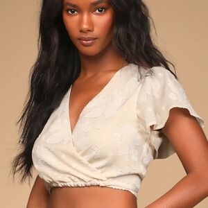 *NWTS* Lulu's Time & Ties Cream Floral Jacquard Flutter Sleeve  Crop Wrap Top.